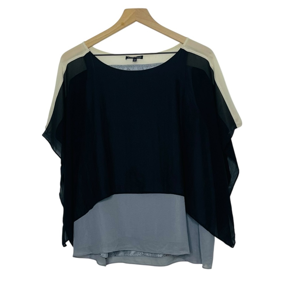 Eileen Fisher Georgette Crepe Silk Colorblock Cape Style Pullover Blouse Small